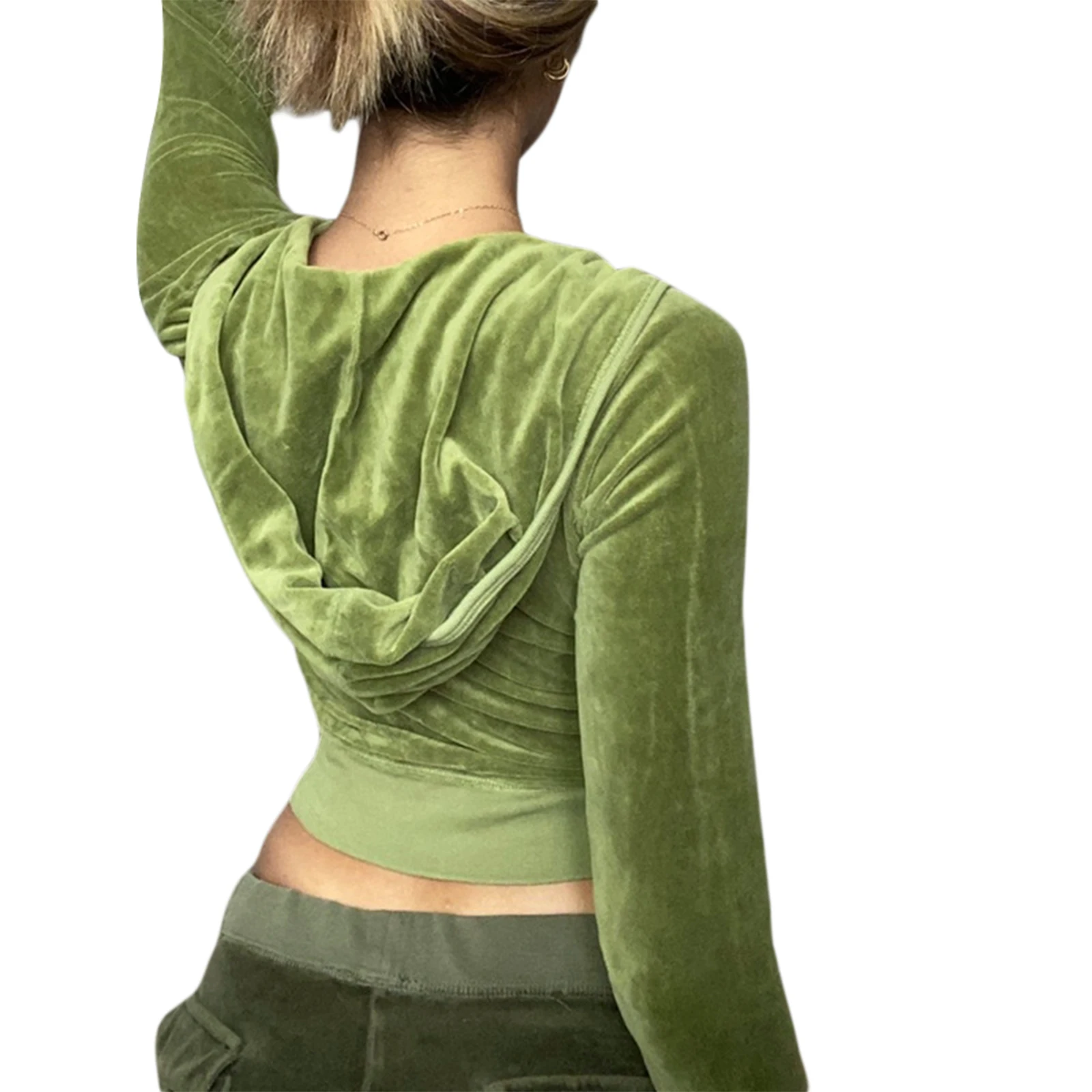 

Women Autumn Vintage Velvet Crop Zip Up Hoodie Jackets Y2K Long Sleveve Hooded Sweatshirt Tops with Pocket Casual Pants Outfits