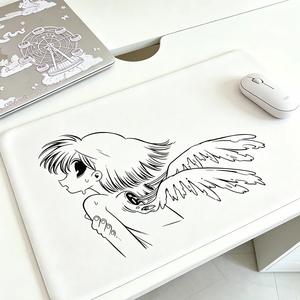 Japanese Anime Y2K Girl Black Line Angel Wings Leather Desk Pad Protector Mouse Pad Office Desk Mat Non-Slip PU Desk Blotter Pad
