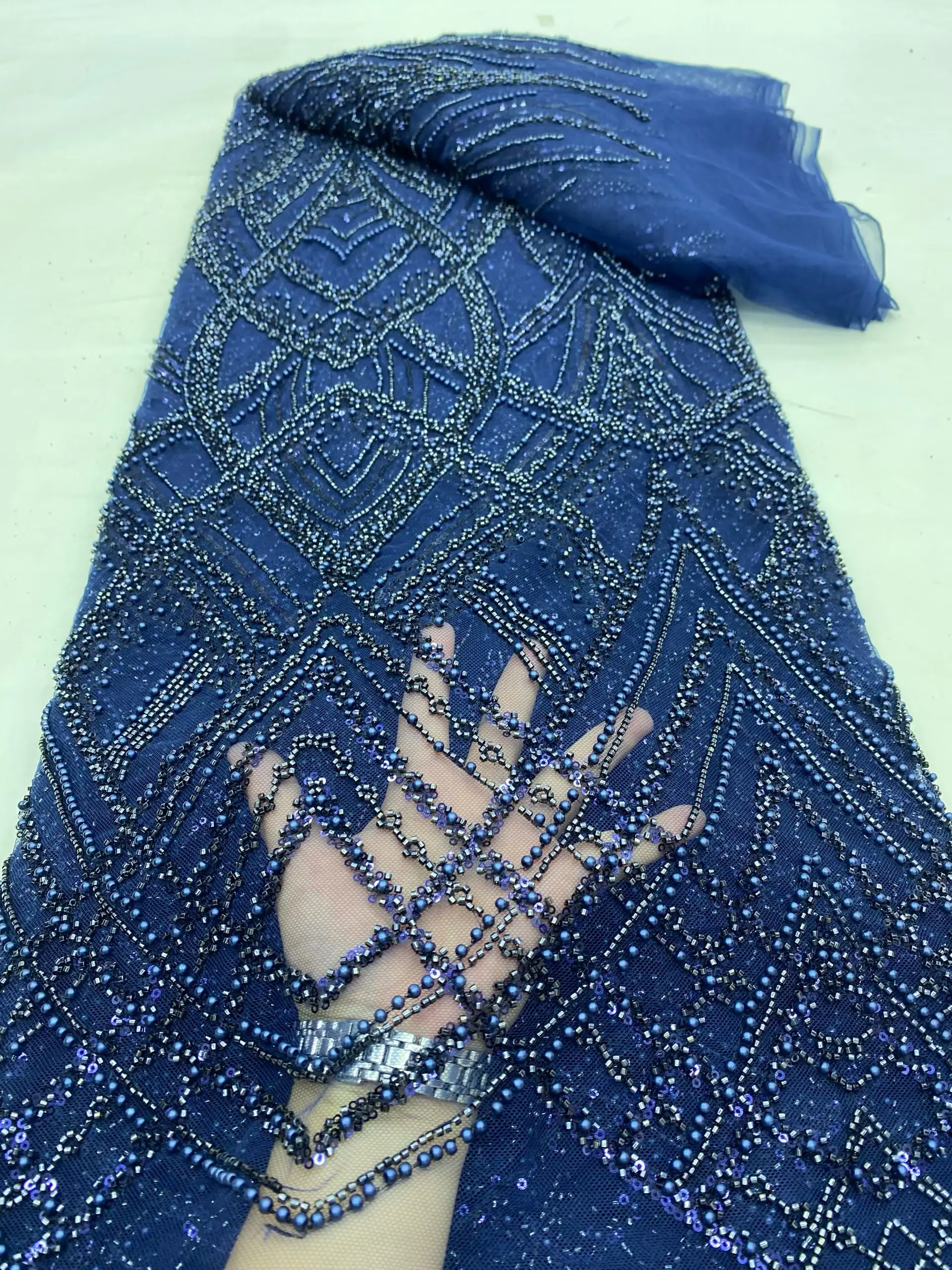 

New Design Blue Hanmade Beads Sequins African Lace Fabric 2025 High Quality Beaded French Lace Fabric For Women Dress PDP25168