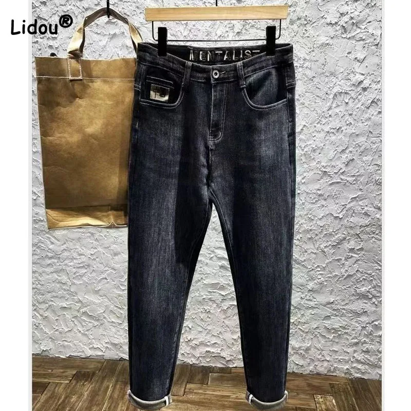 

Fashion Trend Men's Pencil Jeans Male Clothes Autumn Winter Male Clothes Korean Handsome Elastic Embroidery Pockets Slim Pants