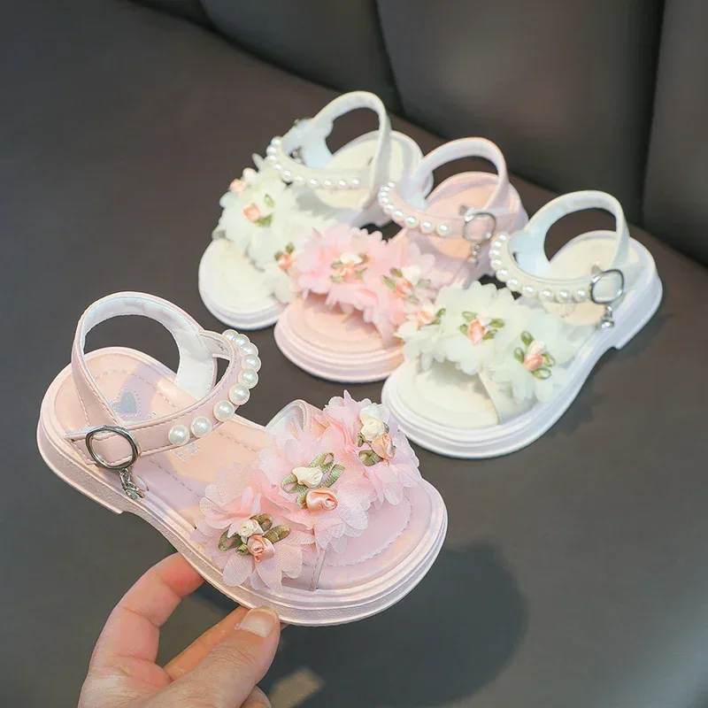 Girls Flowers Sandals Kids Sweet Princess Shoes for Party Wedding Kids Leather Sandals French Style Chic Summer Fashion 2024 New