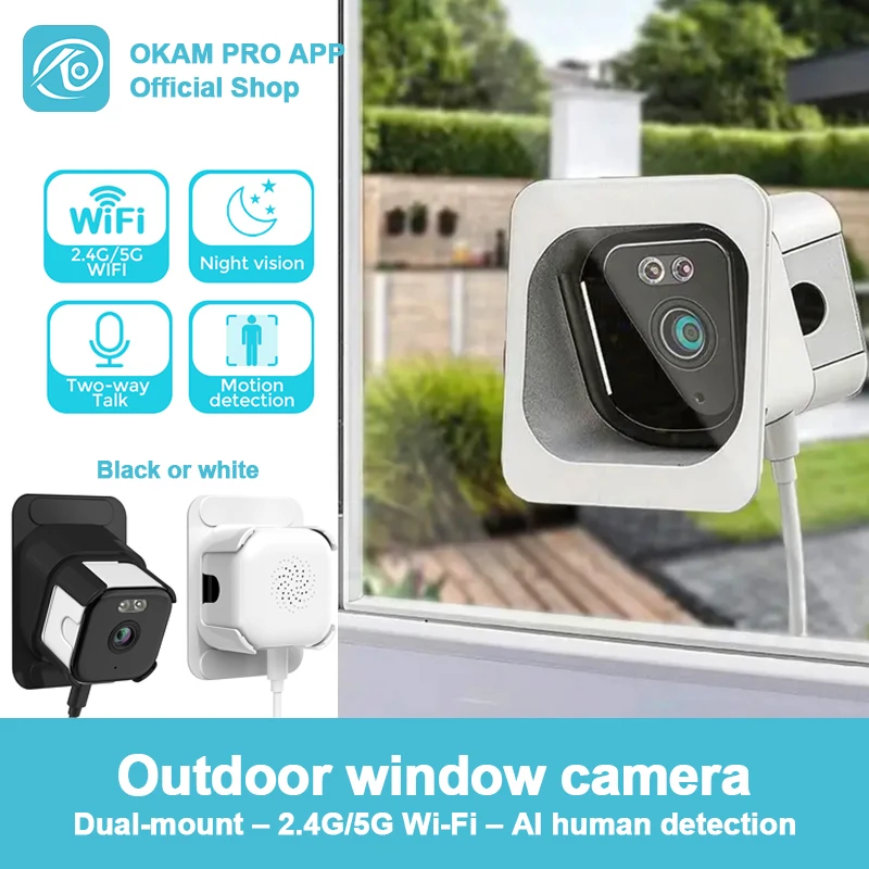 

OKAM PRO APP 5MP Dual-Band 2.4G/5G WiFi Mini Window Camera Two-Way Audio Night Vision Motion Detection IP Camera Two Brackets