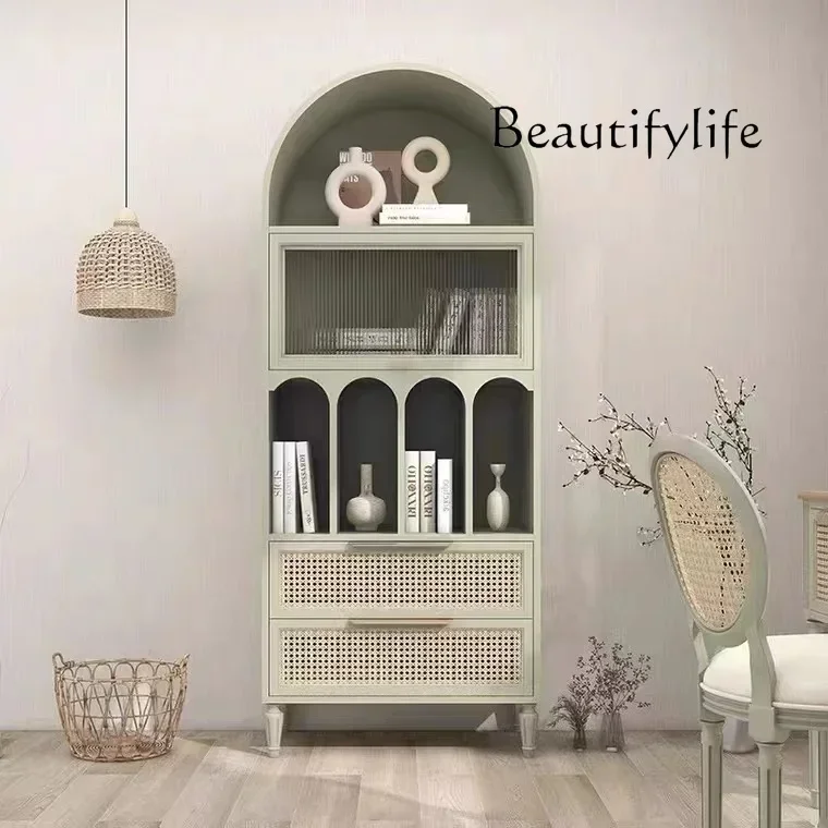 American solid wood bookcase Nordic dining side light luxury floor bookshelf French retro arched decorative cabinet