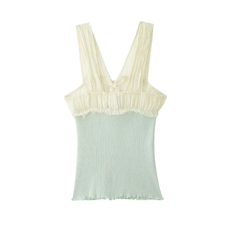 2026 Fashion Women Mint Green Cami Top Lace Up V Neck Knit Patchwork Tank Top Summer Slim Fit Spaghetti Strap Casual