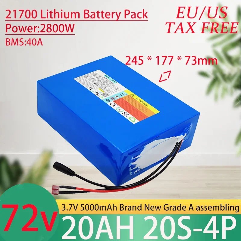 72V 20Ah 21700 20S4P Lithium Ion Battery Pack 2800W Power Tool Batteries Outdoor Backup Batteries With 40A BMS+84V 5A charger