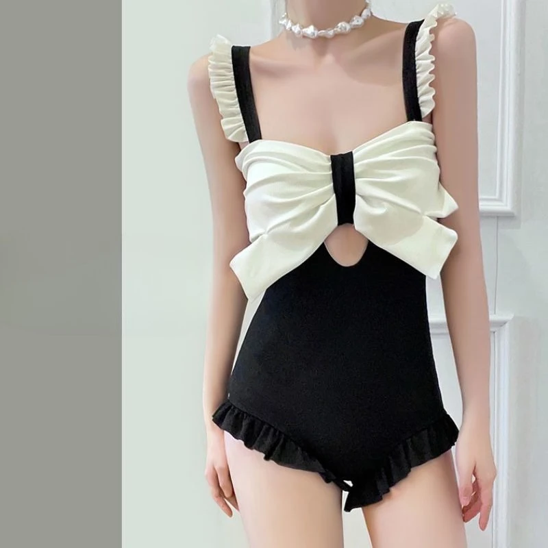 Cute Bowknot Detail Swimwear Ladies Elegant Backless One Piece Swimsuit Soft Pastel Color Swim Costume for Water Activities view 2