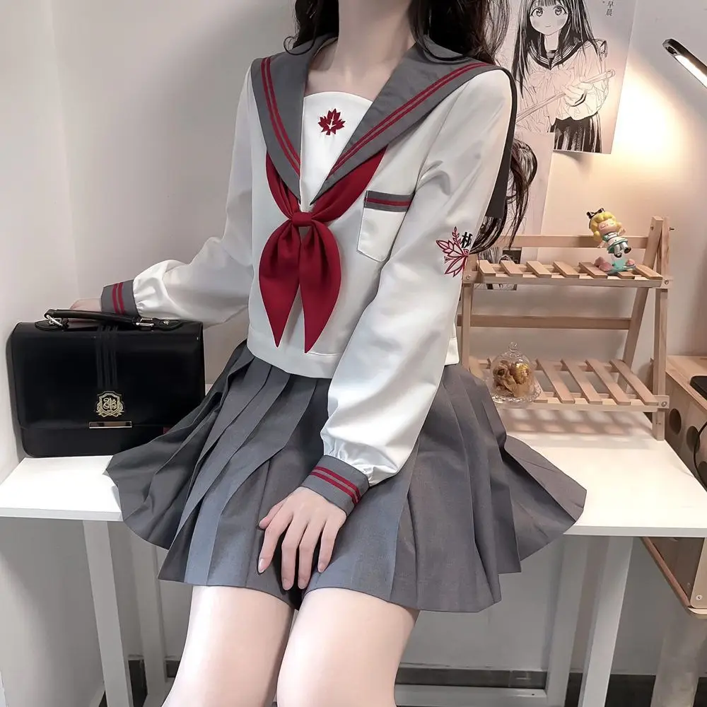 Terno de marinheiro japonês para mulheres e meninas, uniforme escolar, saia plissada fofa, traje Anime COS, cinza e branco, menina da escola coreana JK