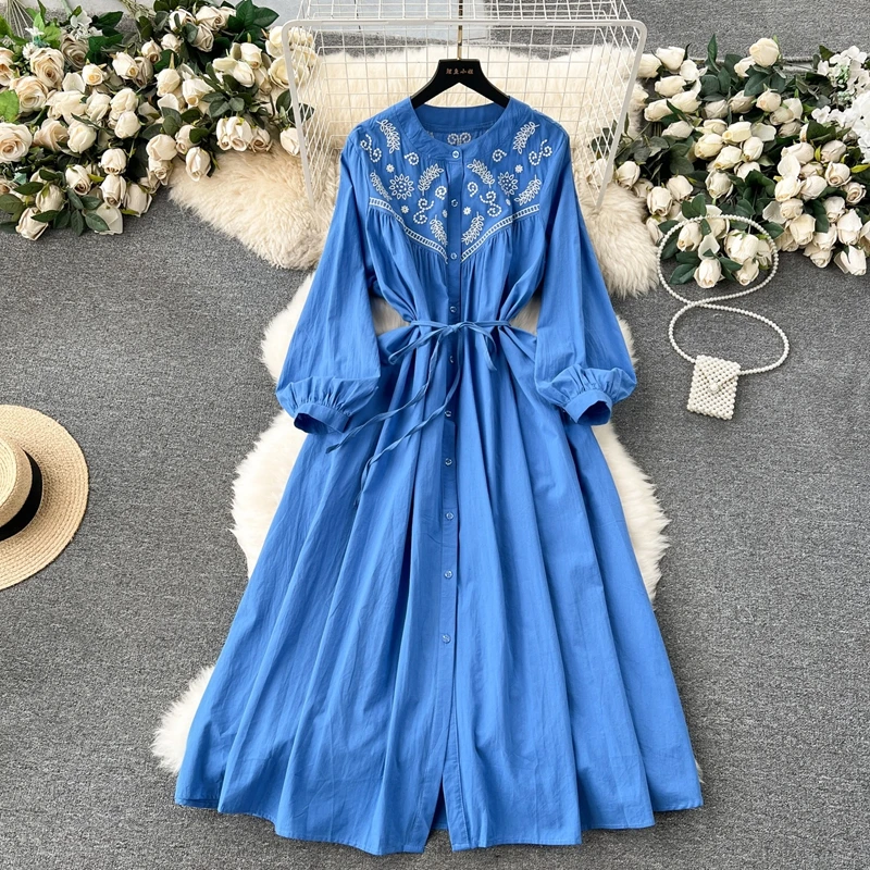 

Ethnic Style Tourism Vacation Dress, Women's Long Sleeved Bohemian Retro Design Embroidered Loose Hem Long Dress