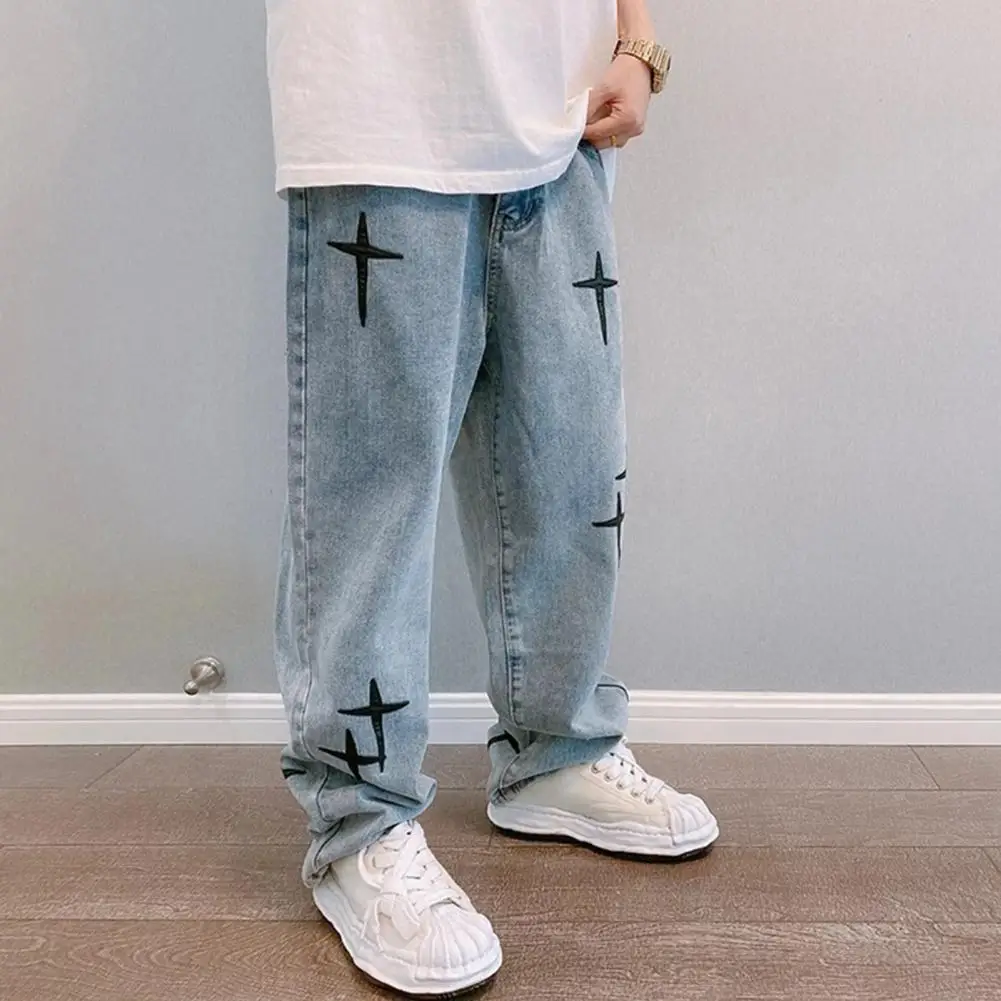 Wide Leg Cargo Pants Streetwear Baggy Men Jeans Spring Denim Pants Star Pattern Zipper Fly Straight Male Jeans Brand Clothing