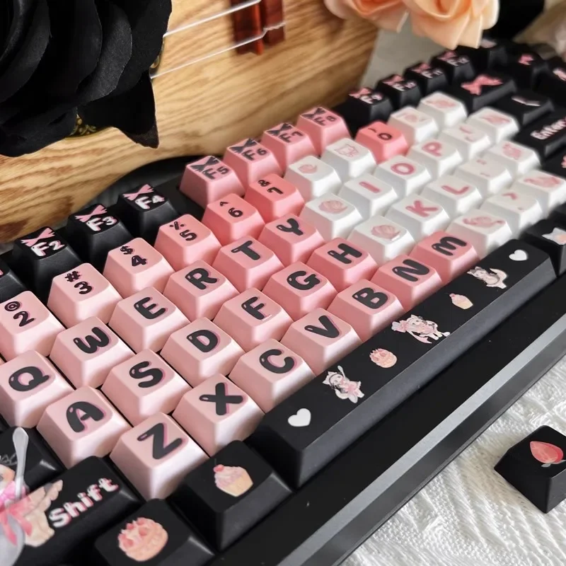 Pink Cat Theme Keycaps Set PBT Sublimation Cute Black Pink Keyboard Caps Custom MOA Cherry Profile Key Caps Mechanical Keyboard