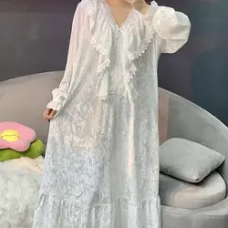 Womens Pajamas V-neck Pleuche Lace Nightgown