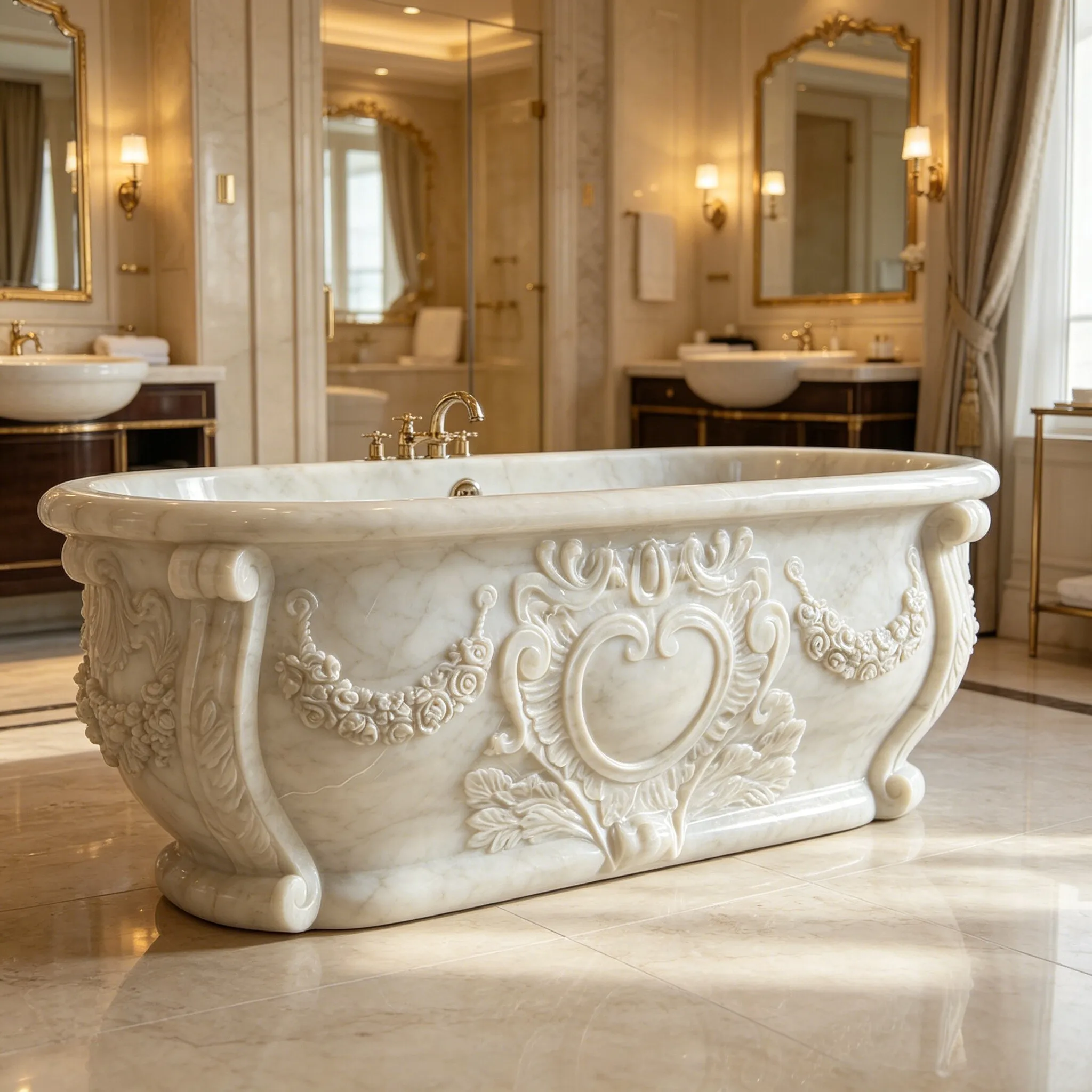 Luxury Stone Baths,Luxury Hand Carved White Marble  standing Bathtub With Lion Heads For Villa Hotel Spa & Palace Bathroom De
