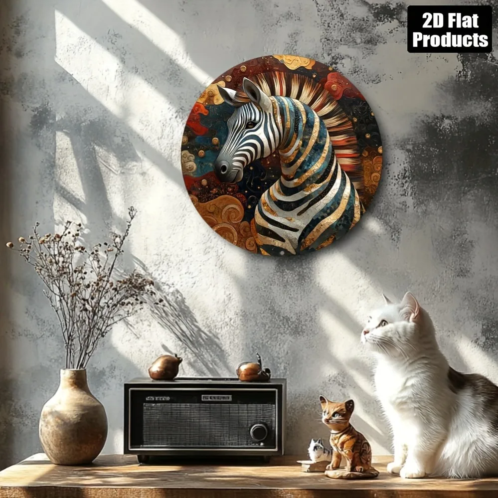 2D Metal Sign, Zebra Themed Round Metal Wall Art, Gold Black Striped Vintage African Decor, 8 Inch Aluminum Plate for Home Cafe