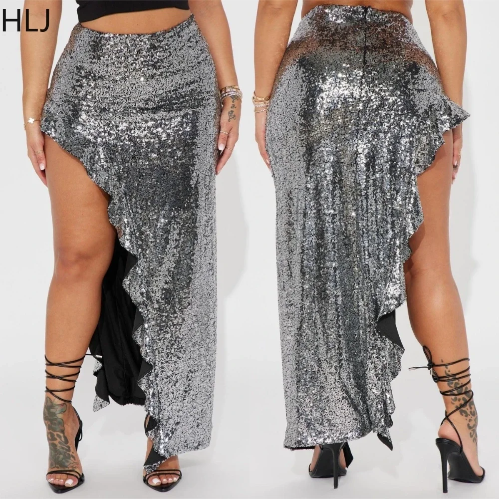 HLJ Fashion Sequin Irregular Ruffled Party Club Skirts Women High Waist Side Slit Matching Bottoms Female Solid Clothing Silvery