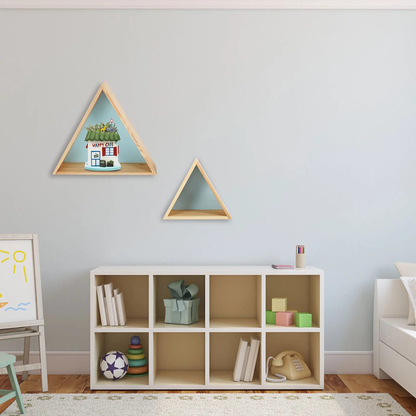 

2pcs Triangle Shelf Storage Rack Blue Wooden Kids Room Nursery Decorative Shoe ganizer High Quality Strong Capacity