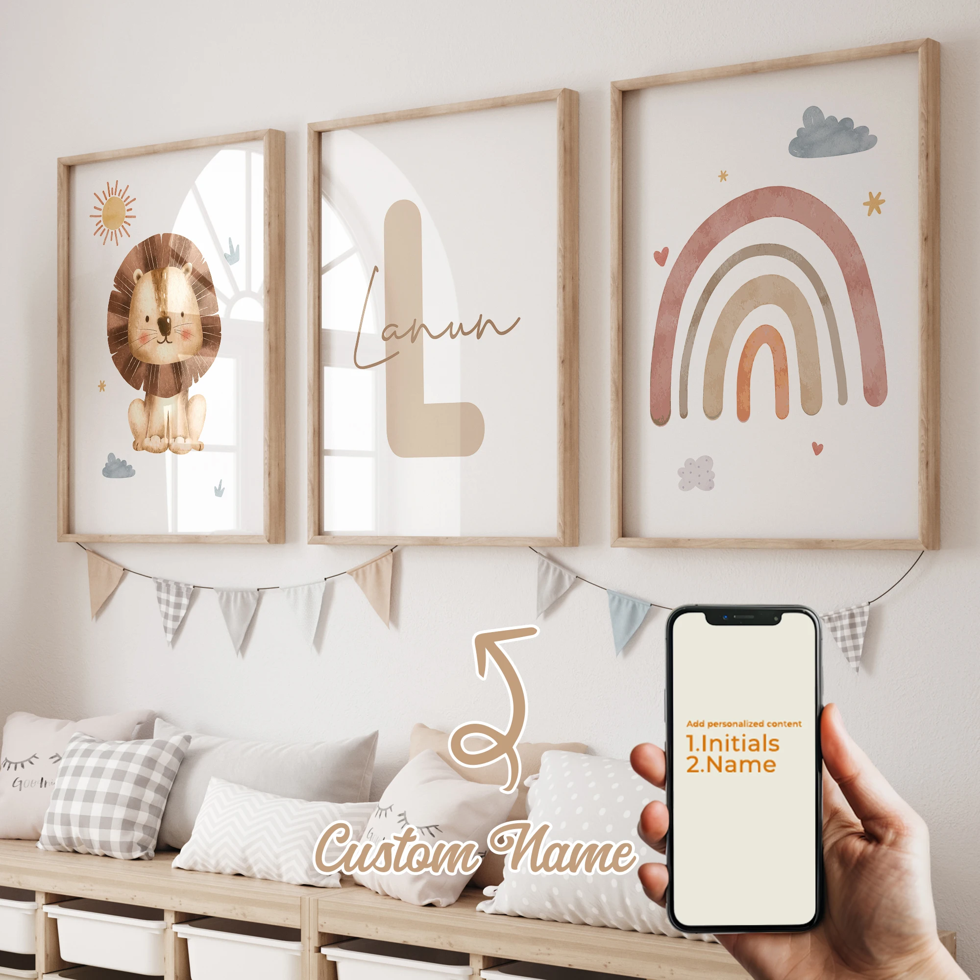 3 stücke Personalisierte Benutzerdefinierte Name Cartoon Tier Löwe Wand Kunstdruck Bild Leinwand Poster Malerei Für Wohnzimmer Kind Zimmer Home Decor