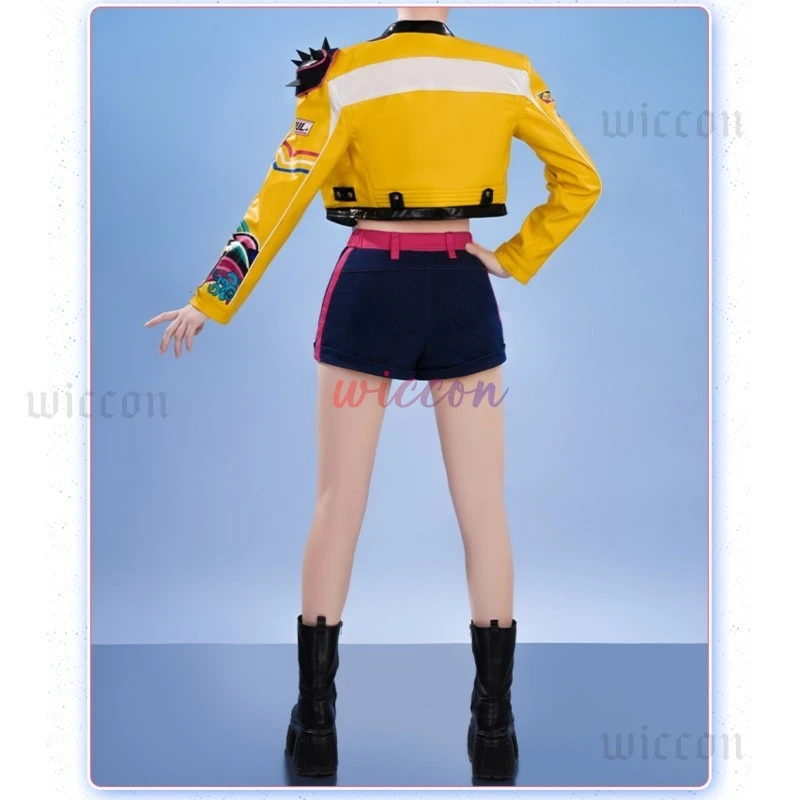 Anime Demon Hunters Rumi Cosplay Costume Wig Yellow Coat Shorts Full Set Huntrix Halloween Carnival Party Suit For Women