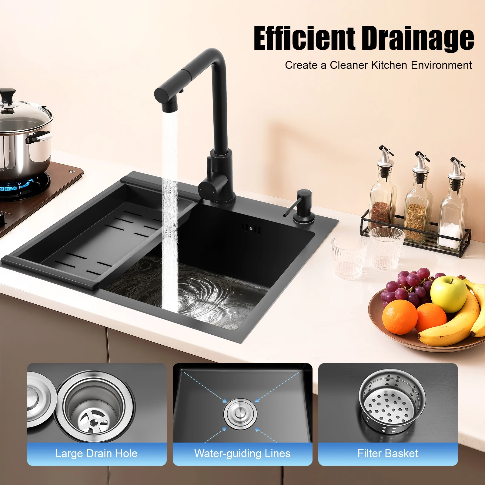 

Stainless Steel Black Modern Minimalist Sink, 50*45*20cm Single Bowl Kitchen Sink with Drain Basket & Pull-out Faucet