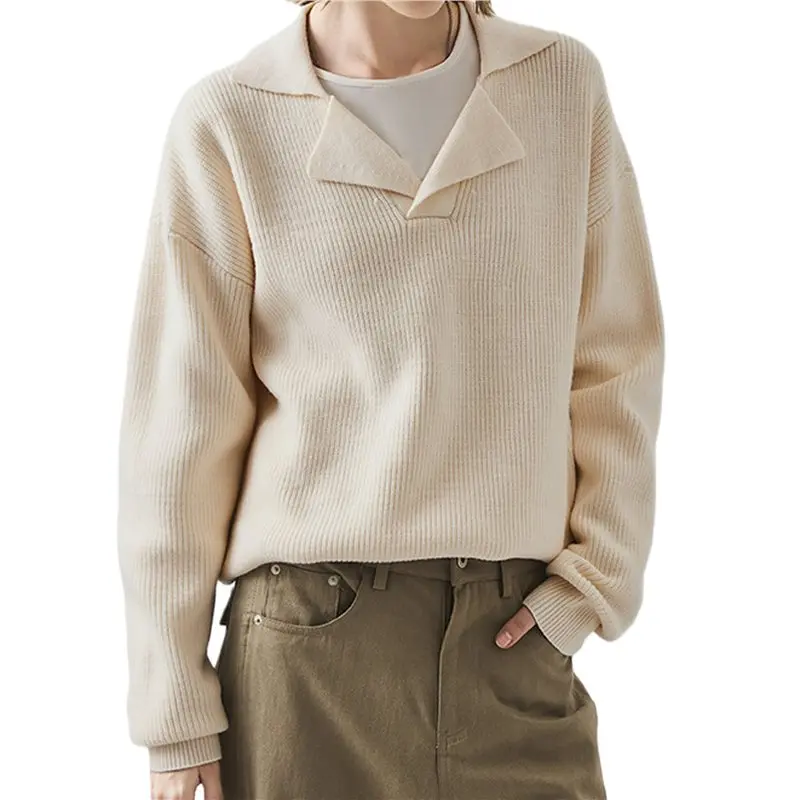 

CYL-Womens V Neck Pullover Sweaters Casual Cable Knit Chunky Warm Cute Tops With Collar