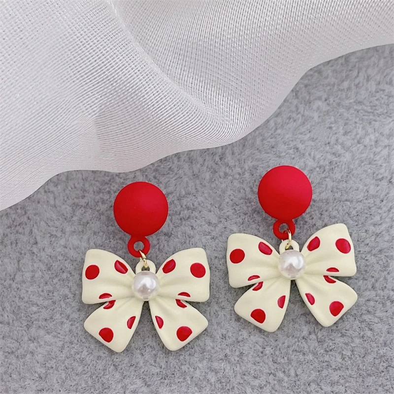 White Enamel Bowknot Pendants Women's Drop Earrings Random Red Dot Unusual Earrings for Female Bohemian Ear Accessories