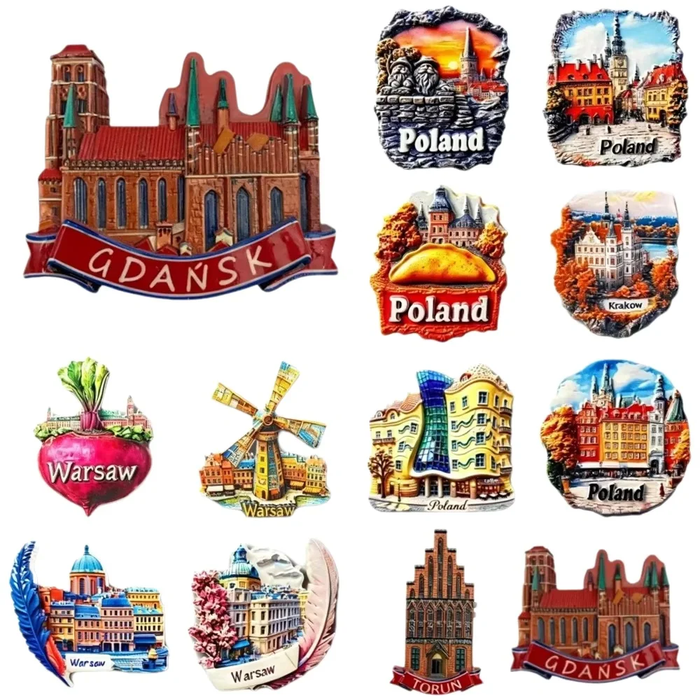 Poland 3D Resin Fridge Magnet Set Warsaw Gdansk Krakow Torun City Landmark Travel Souvenir Home Decor Magnetic Stickers Gift