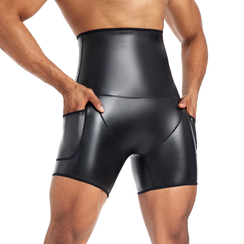 Neue Männer Mode Kunstleder Shorts Body Shaper Taille Trainer Hohe Taille Steuer Höschen Fitness Leder Hosen mit Taschen