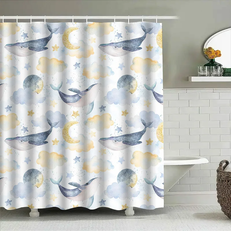 

Китовый хвост, луна, свет, облако, набор занавесок для ванной комнаты для детей, украшения для ванной комнаты, сине-белые занавески для душа с принтом и крючками (180x240c