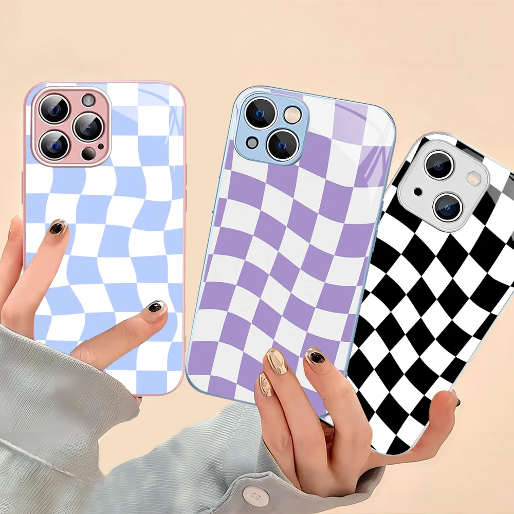 Twisted Checkerboard Phone Case Tempered Glass For iphone 14 13 12 11 Pro Mini XS MAX 14Plus X XS XR Fundas