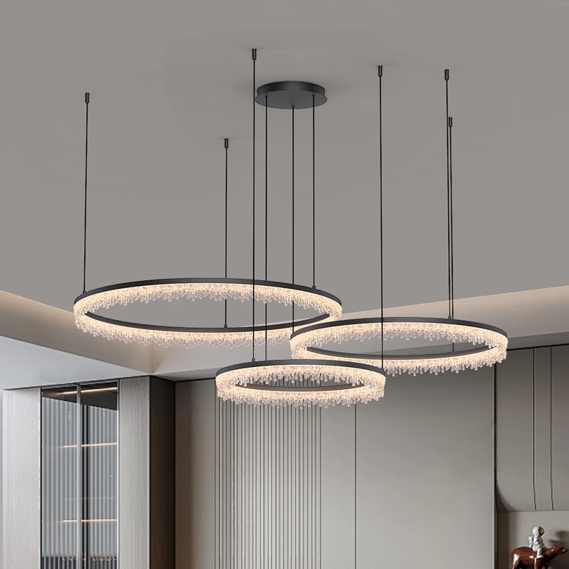 

Black Modern Crystal Circular Pendant Lamp for Bedroom Eye Protection Home Decor Minimalist LED Hanging Lamp for Living Room