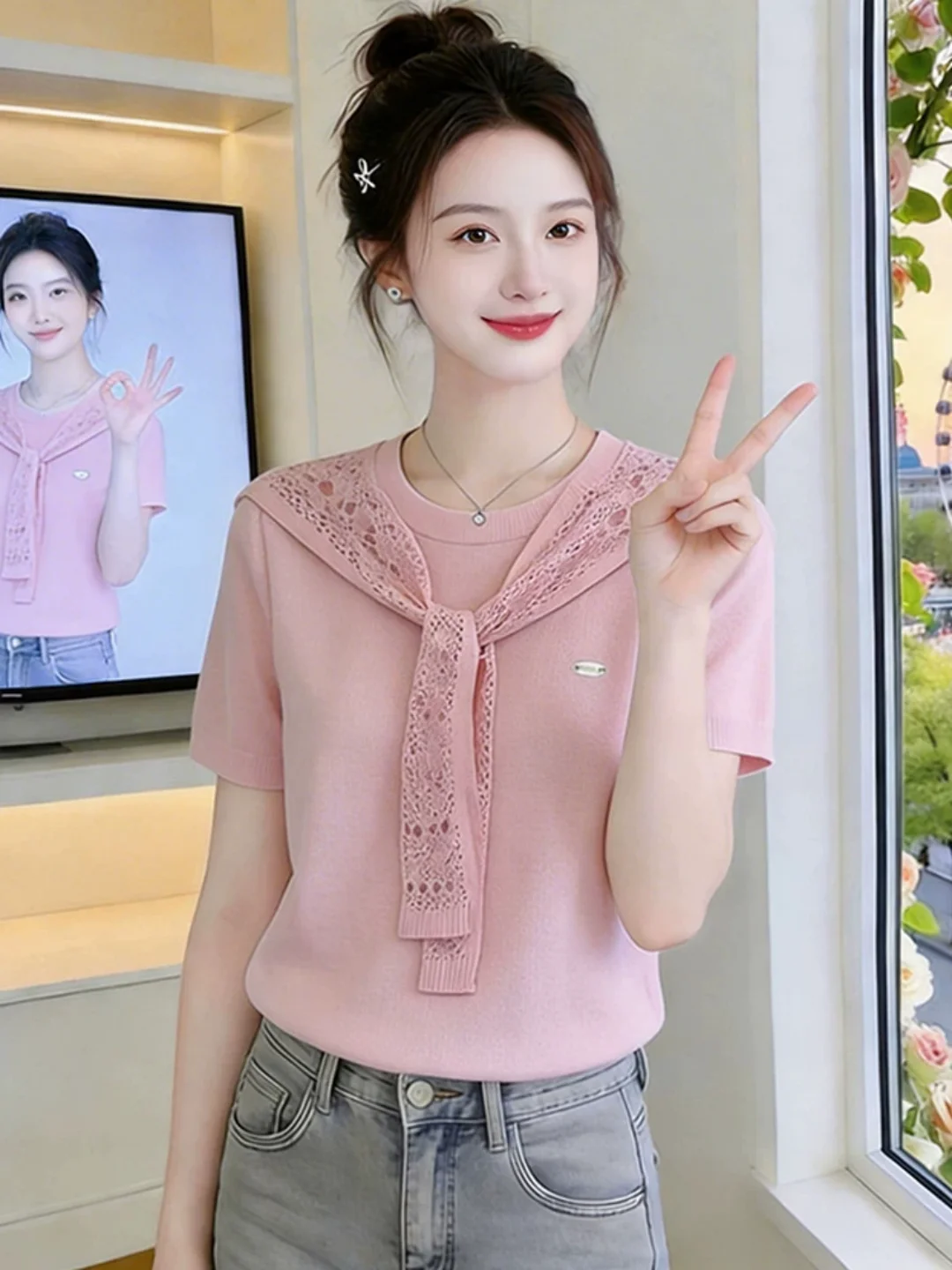 Chic Korean Style Lace Shoulder Wrap Short Sleeve T-Shirt Women's Fashionable Base Layer Top Unique Summer Beautiful Base Shirt