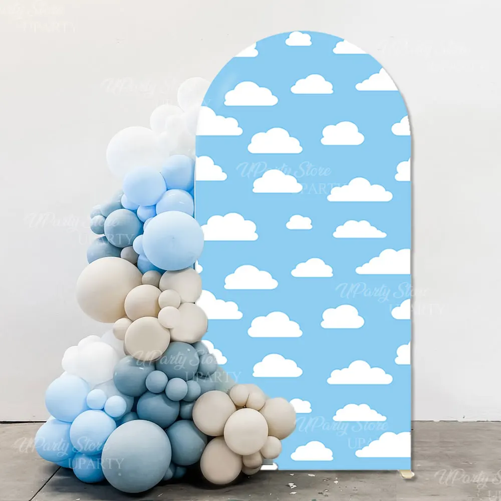 Weißer Wolkenbogen-Hintergrund, blauer Himmel, Wolke, bedruckt, Chiara-Oberteil, runder Standbogen-Abdeckung für Babyparty, Pilot, Geburtstagsdekoration – Detail 8
