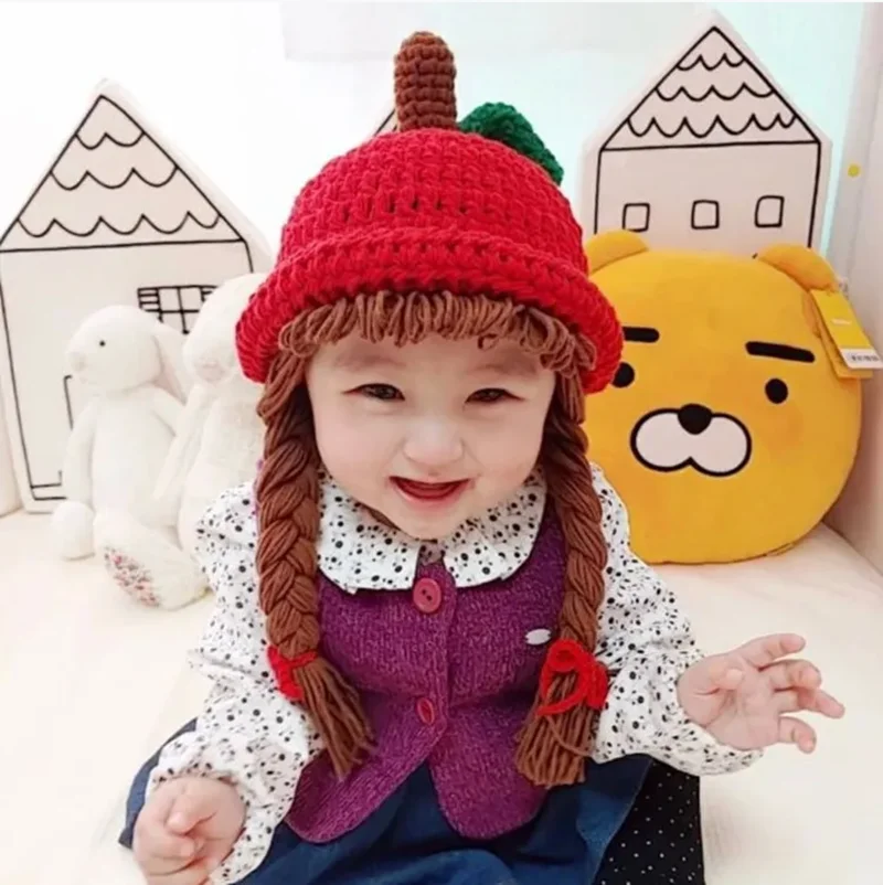 Cute Apple Shape Baby Girl Bucket Hat Cosplay Hair Braid Wig Cap Winter Warm Knitted Children Kids Girls Hats Caps Accessories