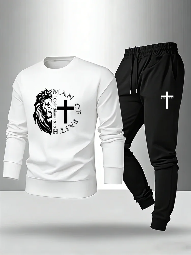

Jesus Man of Faith Men's Set Longsleeve T-shirt & Sweatpants Spring Autumn Casual Warm Outfit Male Fashion O-neck Hoodie Suit