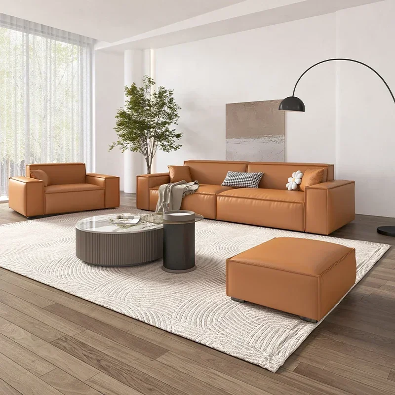 Leather sofa, cowhide Italian minimalist living room, small three-seat, in-line square tofu block sofa image 4