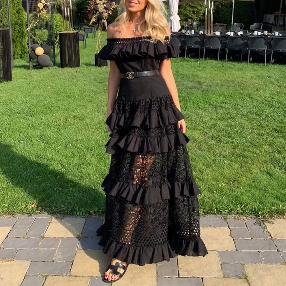 Fashion Casual High Waist Corset Floor Length Bohemian Dress Women Elegant Off Shoulder Hollow Out Ruffle Long Dress