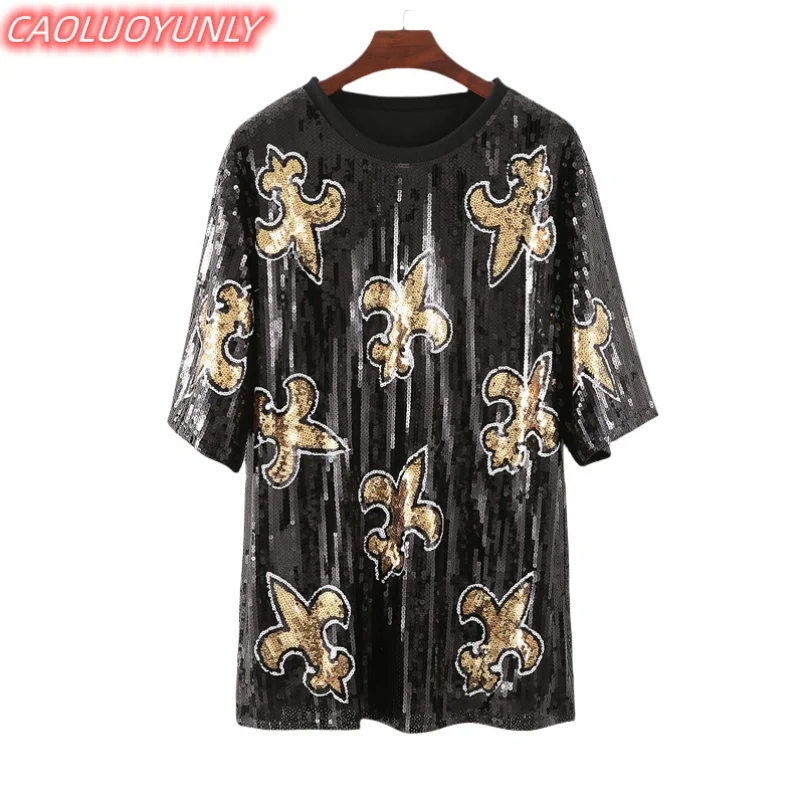 

Summer High Quality Streetwear Sequins Geometric Short Sleeve T-Shirt Hip Hop Round Neck Straight Loose Night Club Women' Wears