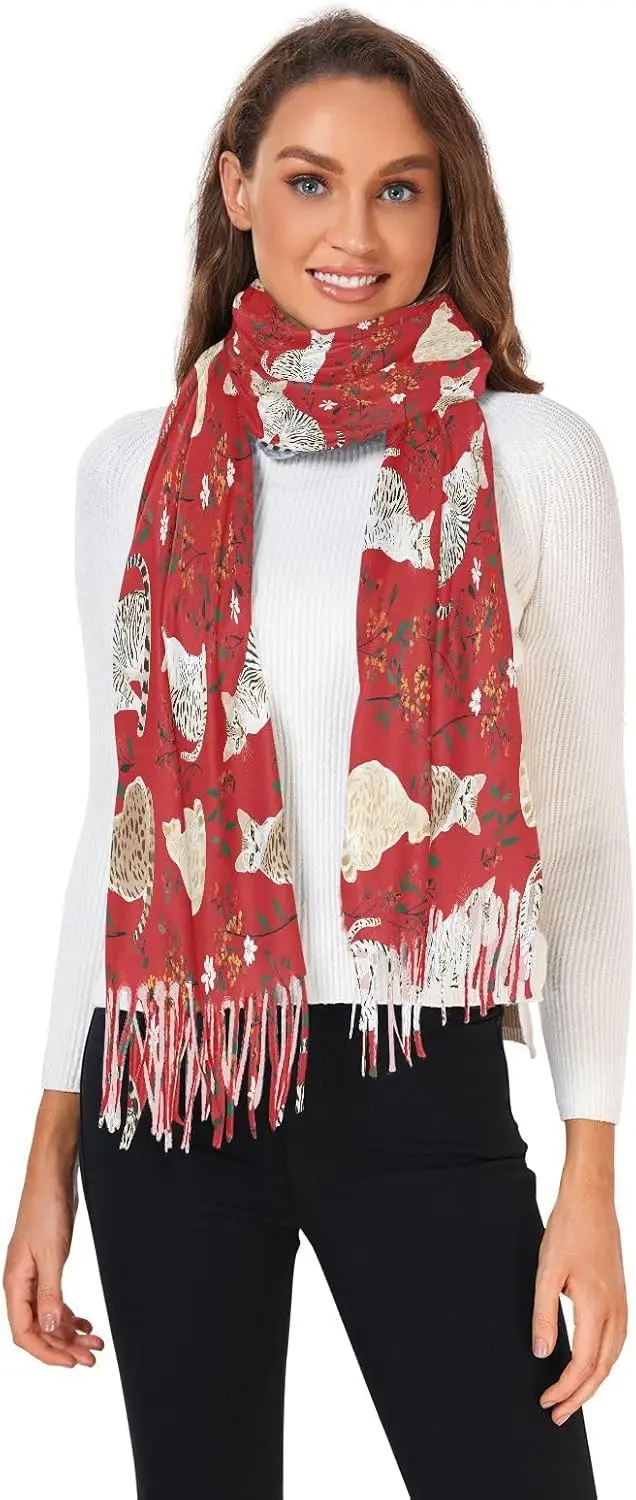 Funny Cats Red Shawls and Wraps Winter Cashmere Nice Scarf Xmas Gifts for Woman Provides Extra Warmth in Daily Life Office
