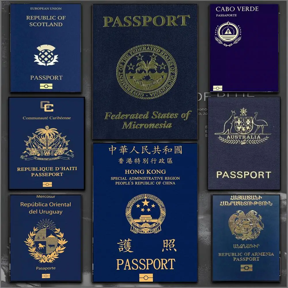 Design Blue-Background Passports Poster Waterproof Sticky WallArt Print For Bedroom Living Room Hallway Bar Home Decor