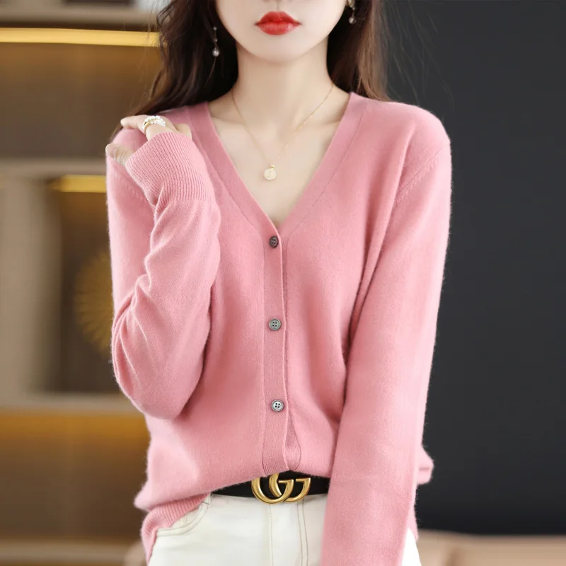 

Loose Large Size V-Neck Knitted Long Sleeve Sweater Cardigan Women's Spring Autumn Pure Color Thin Top Button-Up Knitwear