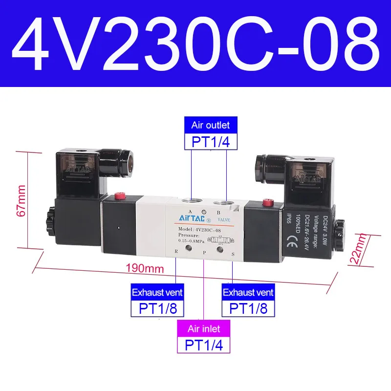 AIRTAC Originele Pneumatische 5/3 Weg Dubbele Magneetventiel 4V130C-06/M5 4V230C-08 4V330C-10 E P Omkeerklep 12V 24V 110V 220V