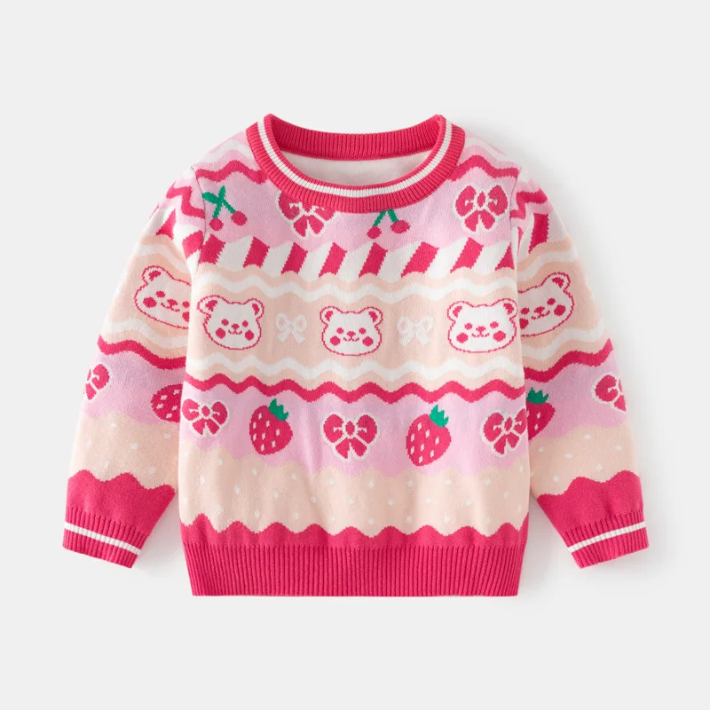 

Kids Girls Casual Cartoon Strawberry Jacquard Warm Knitted Pullover Sweater Toddler Knitwear Children's Autumn Winter Sweaters