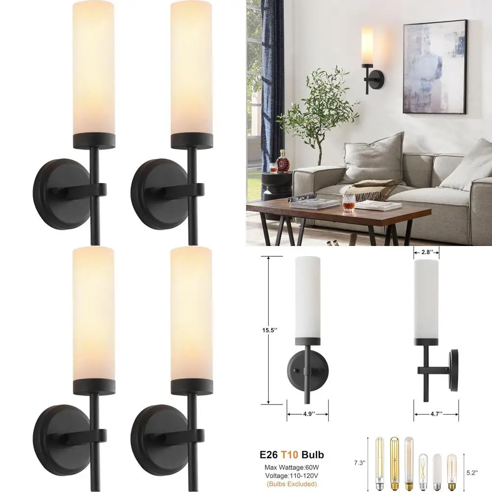 

Pair of Modern Matte Black Wall Sconces with White Glass for Bathroom, Living Room, and Bedroom