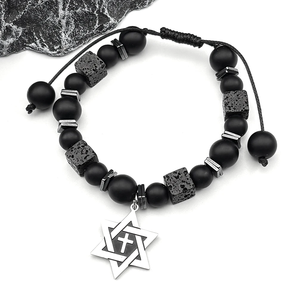 

Star Of David Hexagram Hand Chain Women Men Stainless Steel Silver Color Religion Cross Lava Rock Adjustable Bracelet Jewelry