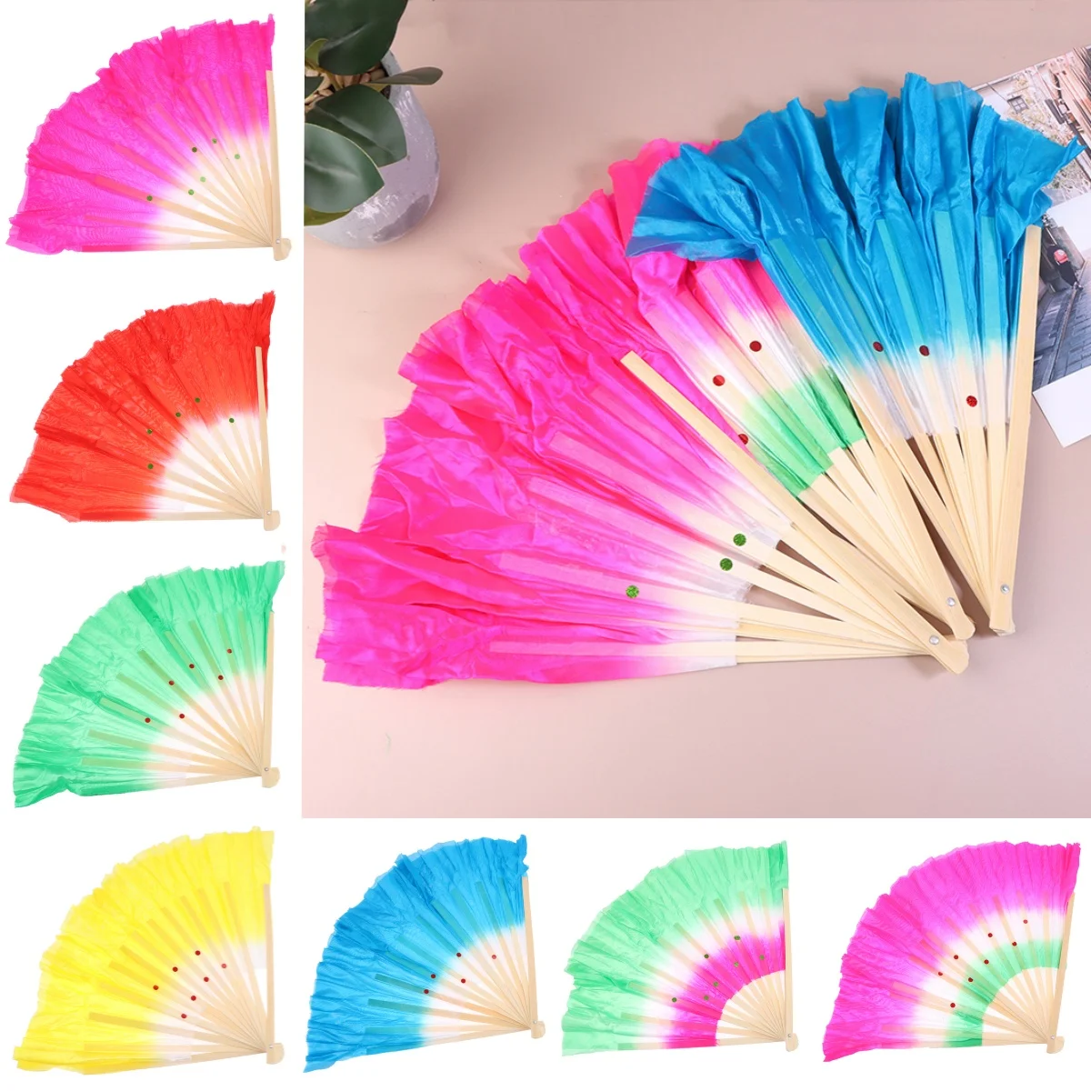 1PC 30cm Chinese Short Bellydance Fan Bamboo+10/20cm Half Circle SilkVeil Pairs Yangko Belly Dancing Fan Hand Dye Adults