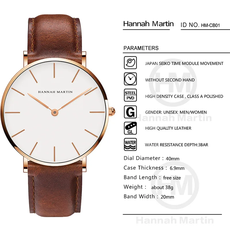 Hannah Martin Fashion Brand Japan Movement Quartz Wrist Watch Leather Watchband Ultrathin Dial Waterproof Men Watch Montre Homme