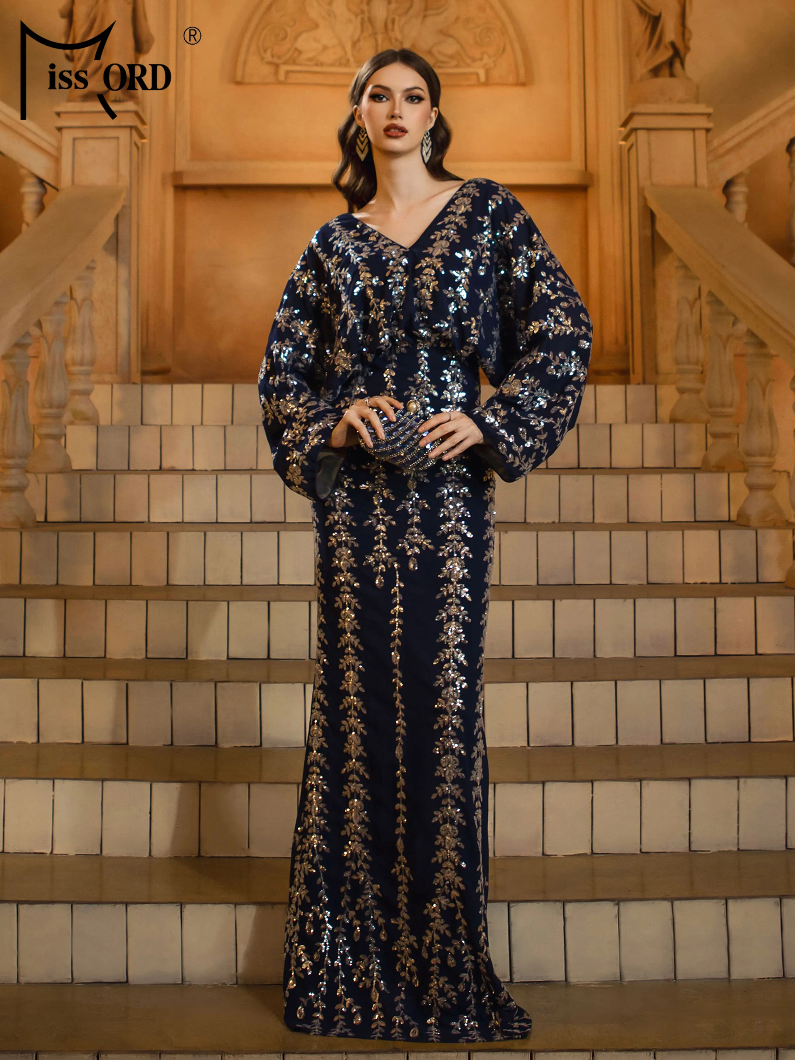 Missord elegante decote em v manga comprida lantejoulas sereia vestido de noite festa de aniversário de casamento alta qualidade luxo até o chão vestido