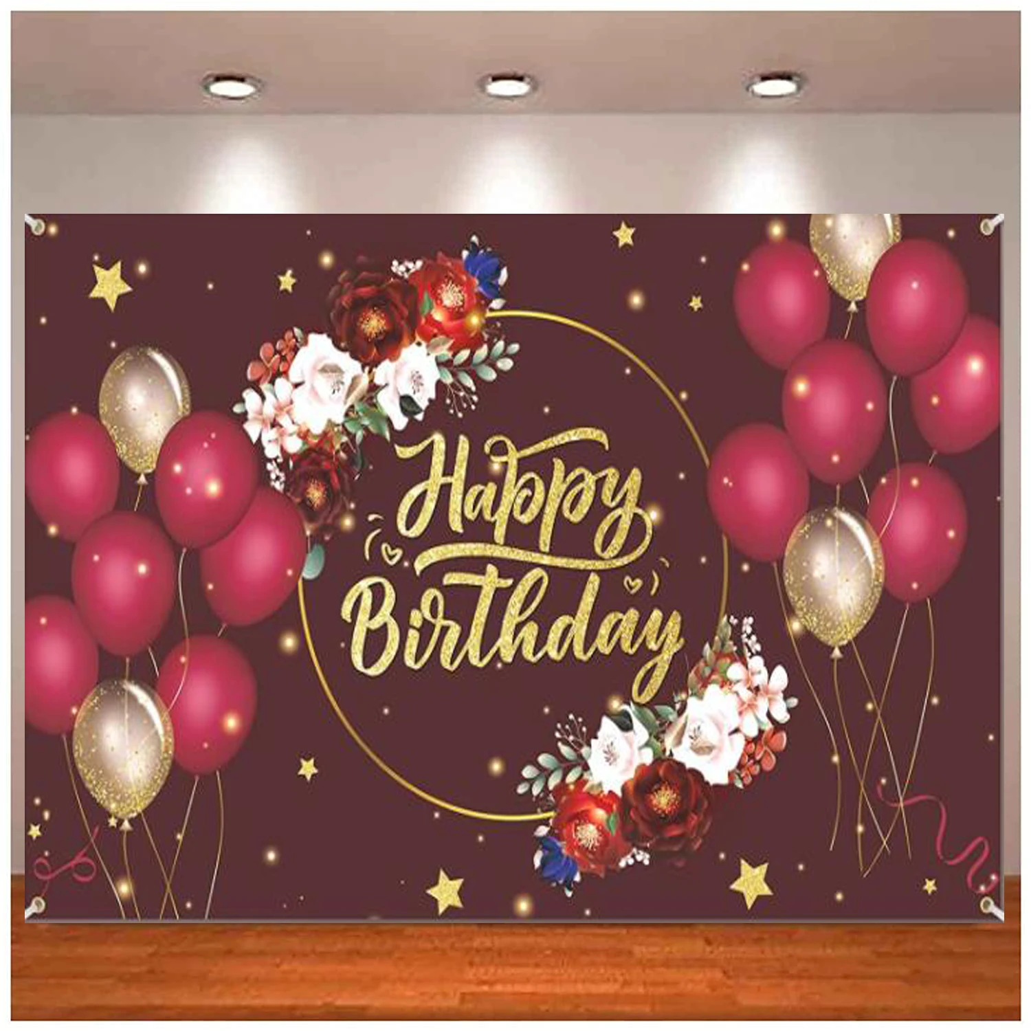 

Burgundy Gold Photography Backdrop Banner Floral Background for Women Lady Girl Red Wine Gold Birthday Party Cake Table Decor