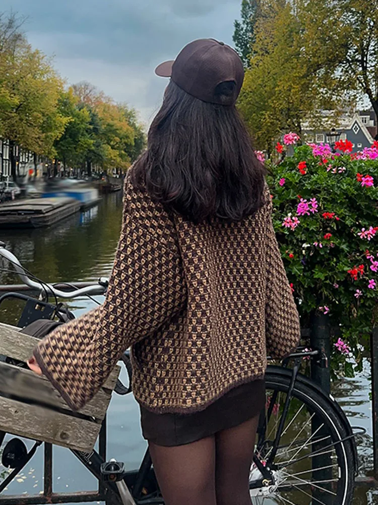 HH Donna Autunno Manica lunga Risvolto Monopetto Decorazione tascabile Cardigan casual Cappotto lavorato a maglia stile street allentato moda femminile