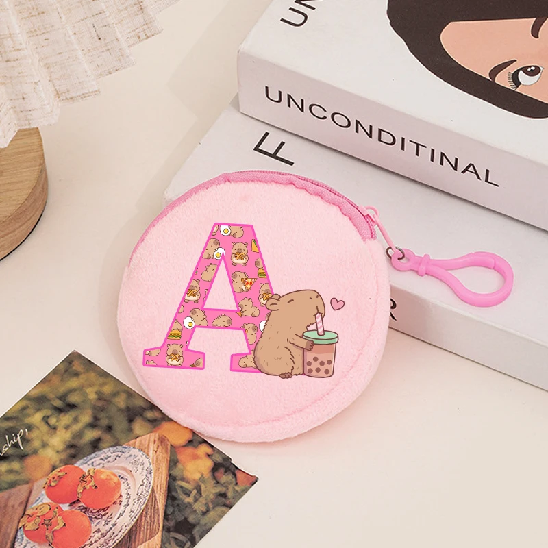Capibara Plushes Coin Purse Keychains Kids Anime Capybara Letter A-Z Wallet Key Ring Girls Travel Mini Money Bag Children Gift