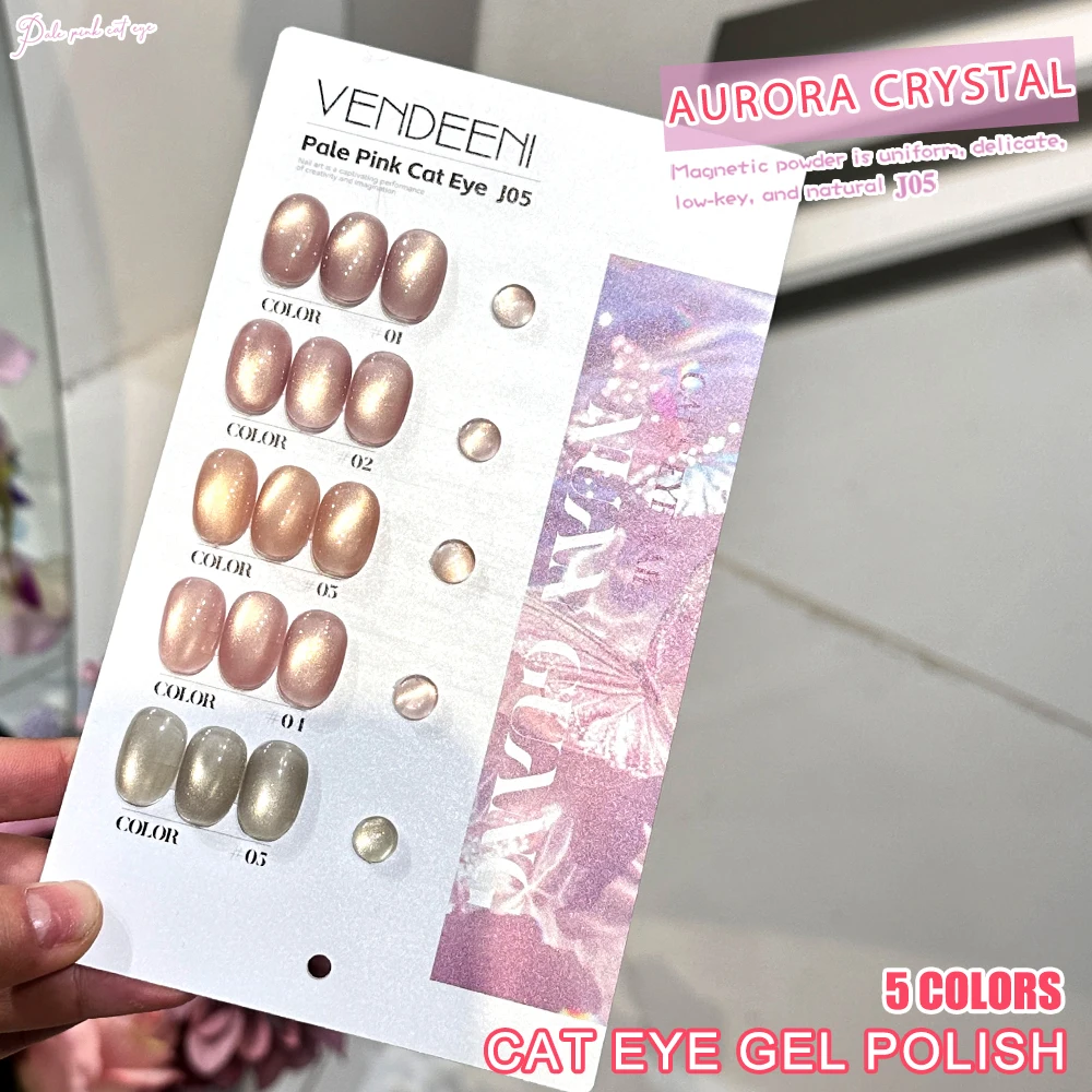 Vendeeni 5 Farben Pfirsichrosa Kristall-Katzenaugen-Gel-Nagellack-Set Magnetischer UV-LED-Gel-Lack Glasperlen-Katzenaugen-Gel mit Display – Detail 4